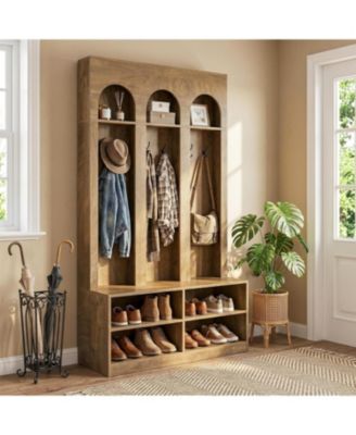Hall Tree, 70" Entryway Bench with Coat Rack, Shoe Storage