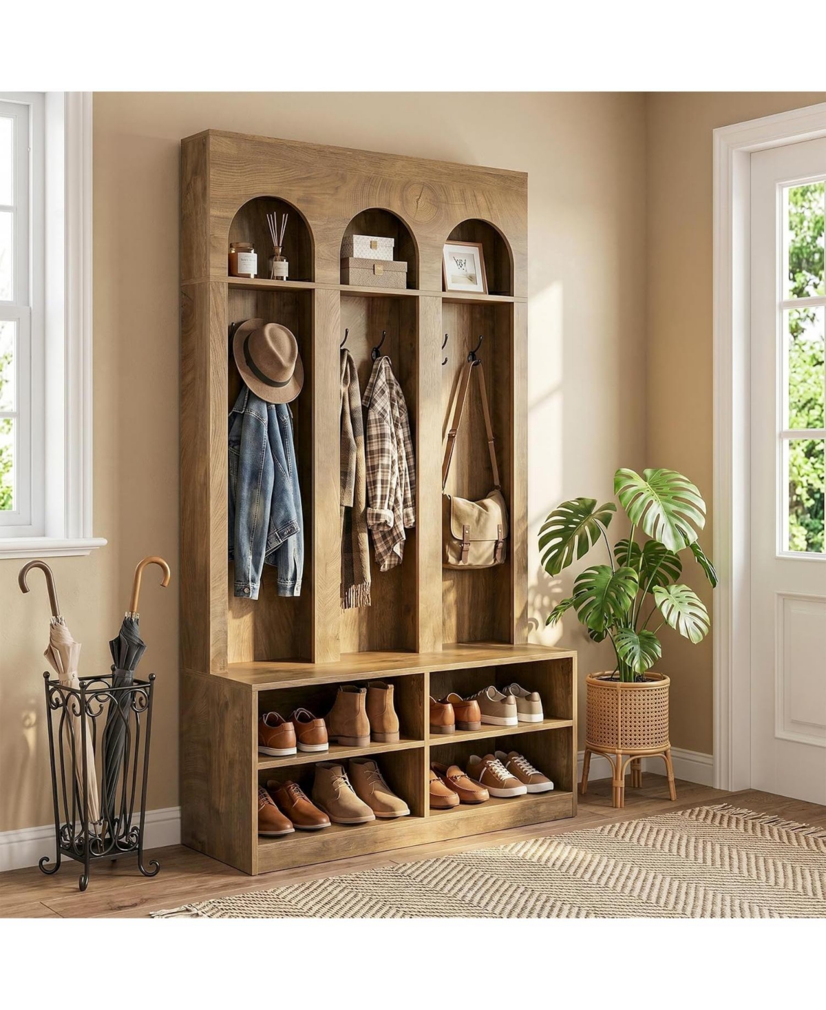 Tribesigns Hall Tree, 70" Entryway Bench with Coat Rack, Shoe Storage - Brown