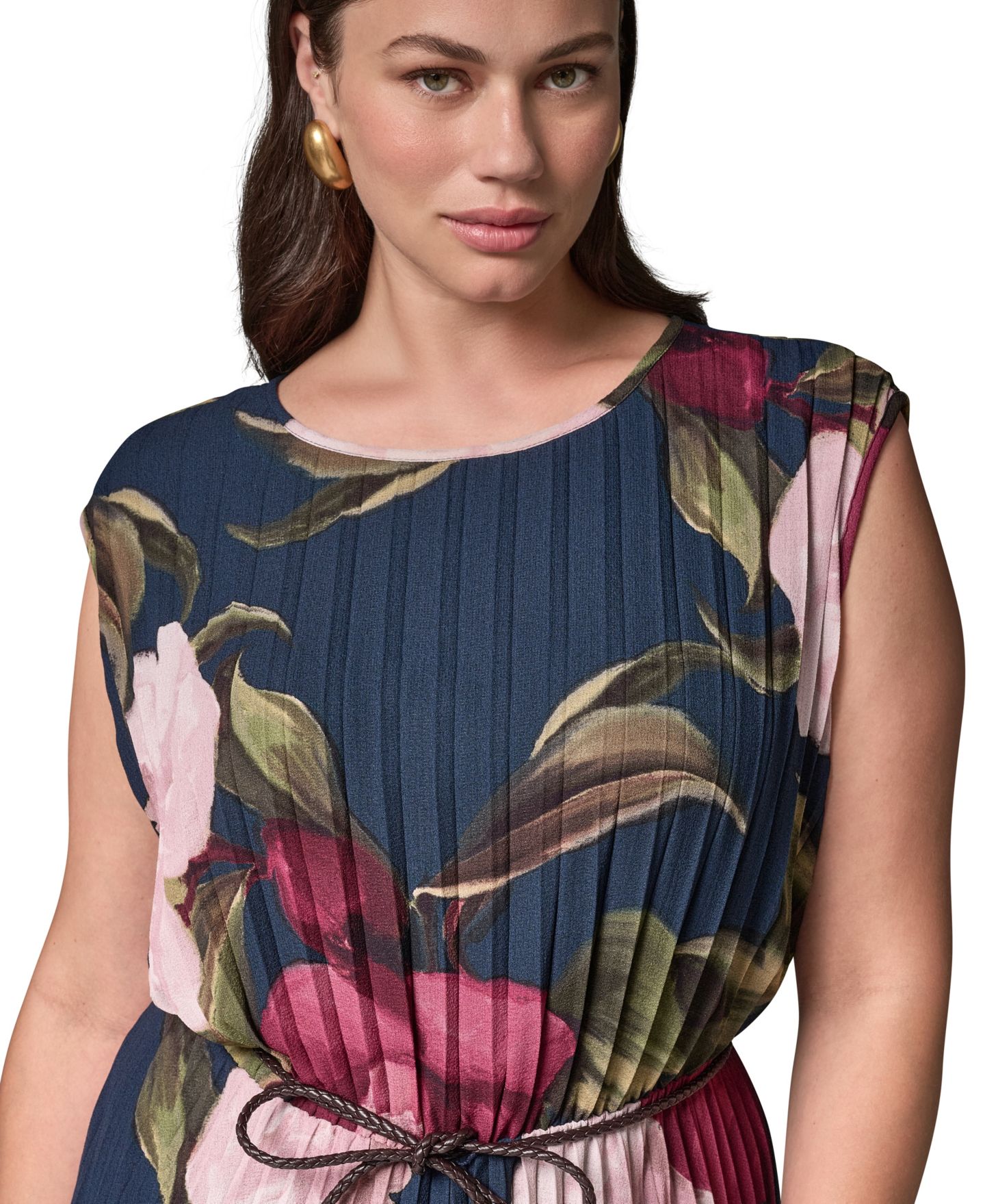 Женское платье Donna Karan New York Plus Cap Sleeve Floral Chiffon A-Line Midi, цвет: Тёмно-синий / Чёрный вишнёвый — фото 3