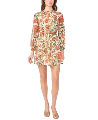 Petites Ruffle Mock Neck Floral-Print Long-Sleeve Dress