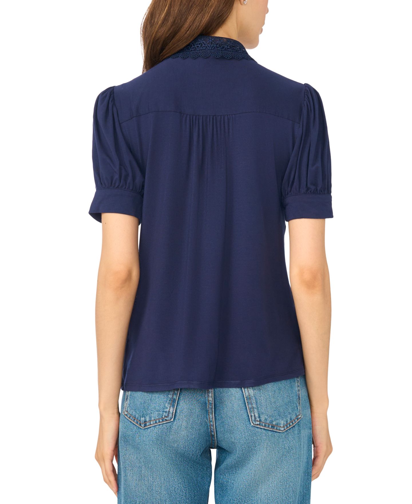 Женская блузка CeCe Short Puff-Sleeve Scallop-Trim Button-Up Blouse, цвет: Тёмно-синий — фото 4