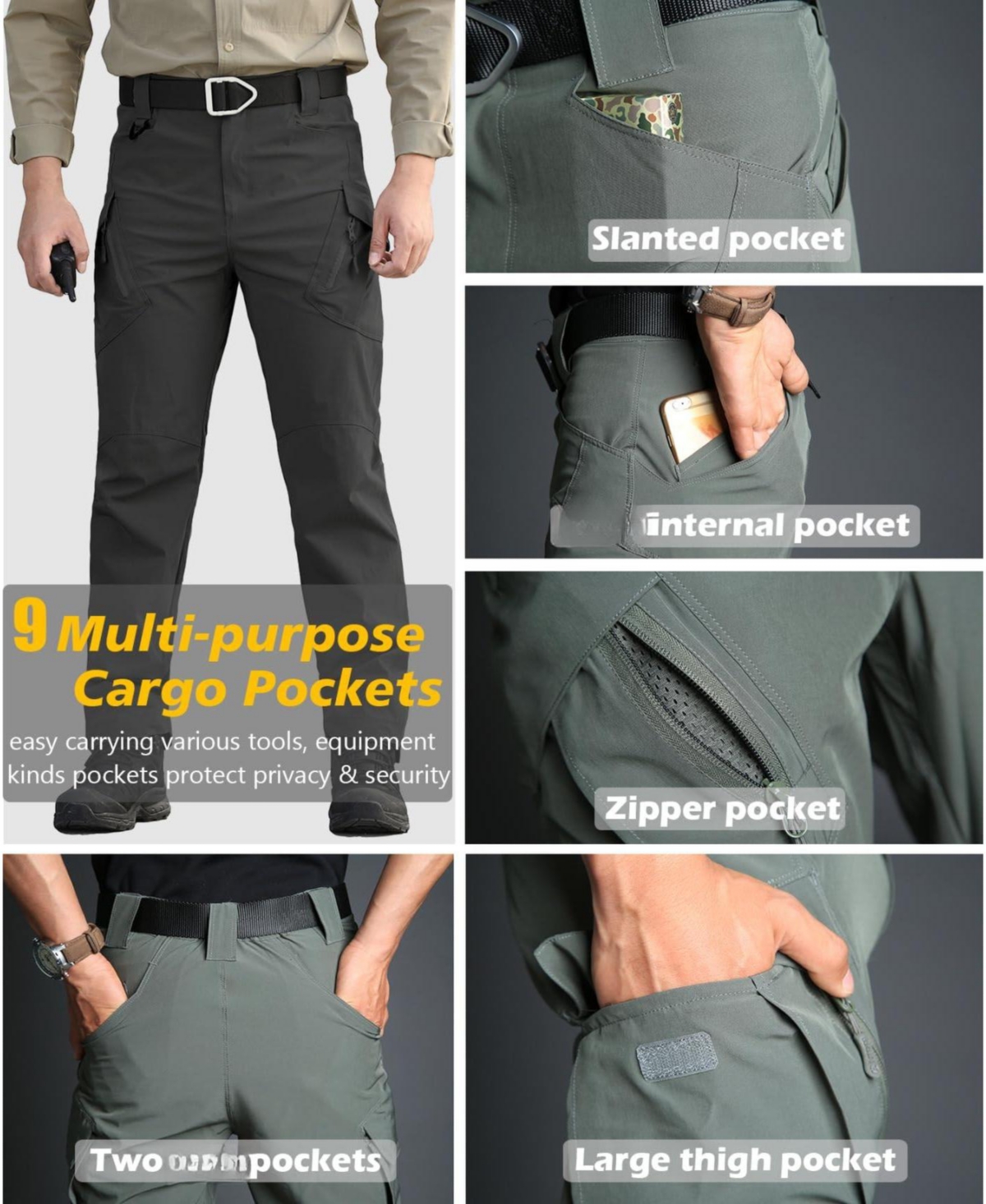 Piscifun Men's Quick Dry Hiking Cargo Pants 4 Way Stretch Water Resistant Pockets