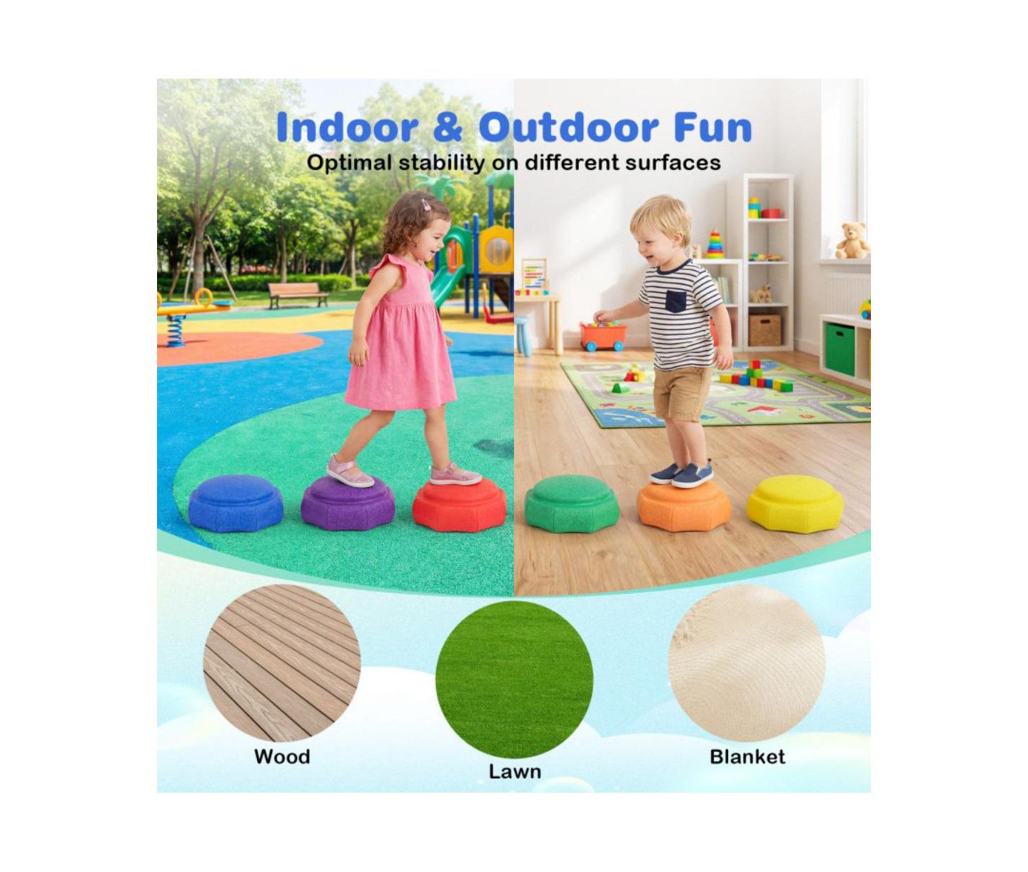 Детские игрушки Slickblue 6-Piece Kids Balance Stepping Stones for Sensory Play, Ages 3+, цвет: Разноцветный — фото 8