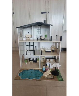 Wooden Dollhouse Playset with 35 Interactive Furniture Accessories for Pretend Play, Green