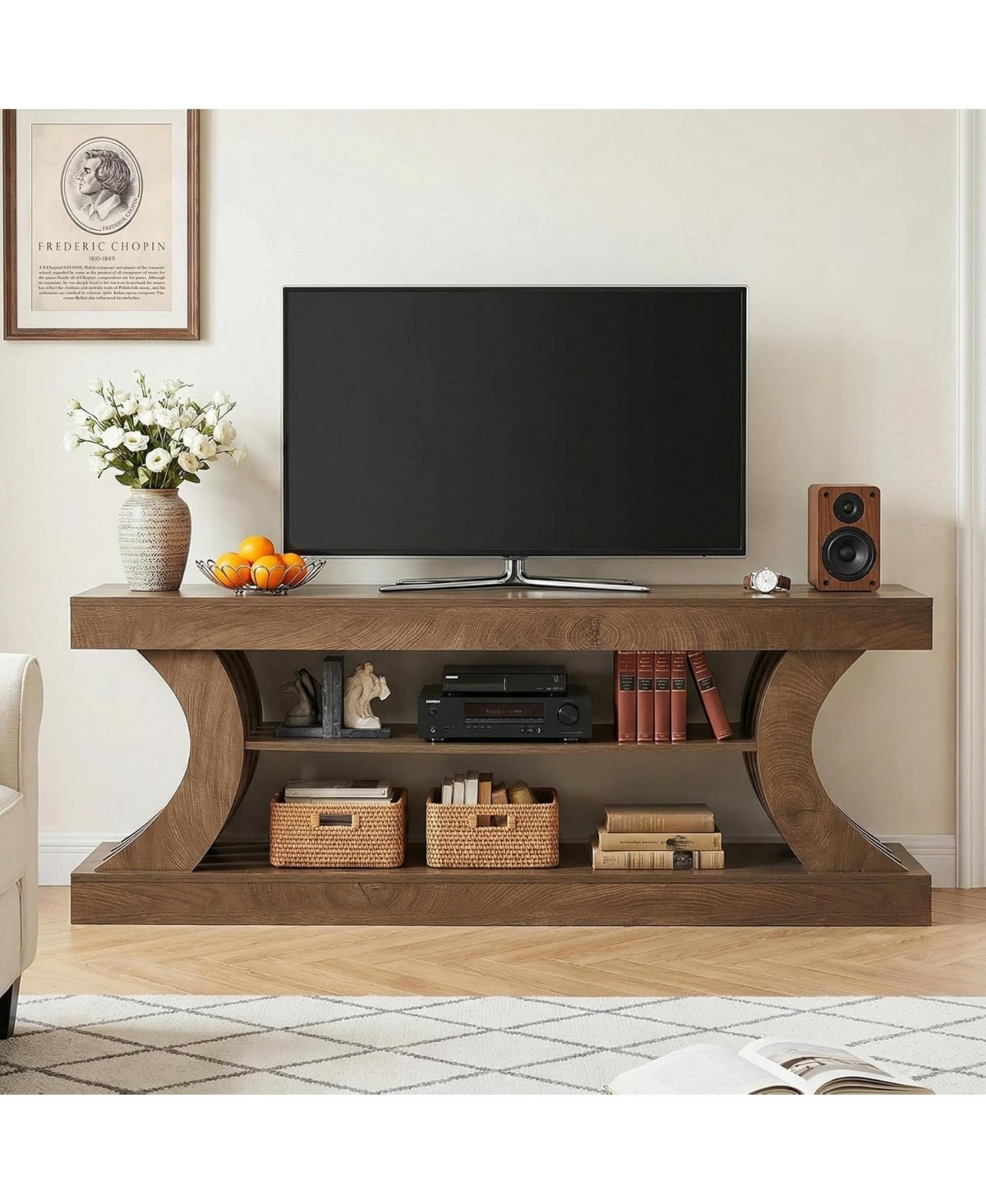 Tribesigns 63-Inch Farmhouse Entryway Console Table with Storage, Tv Console with Curved Design for Living Room, Bedroom