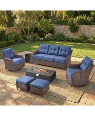 Outdoor Furniture With 6-Inch Extra Thick Cushions, Patio Furniture Set With Fire Pit Table and Swivel Chairs, 8Piece Wicker Conversation Set
