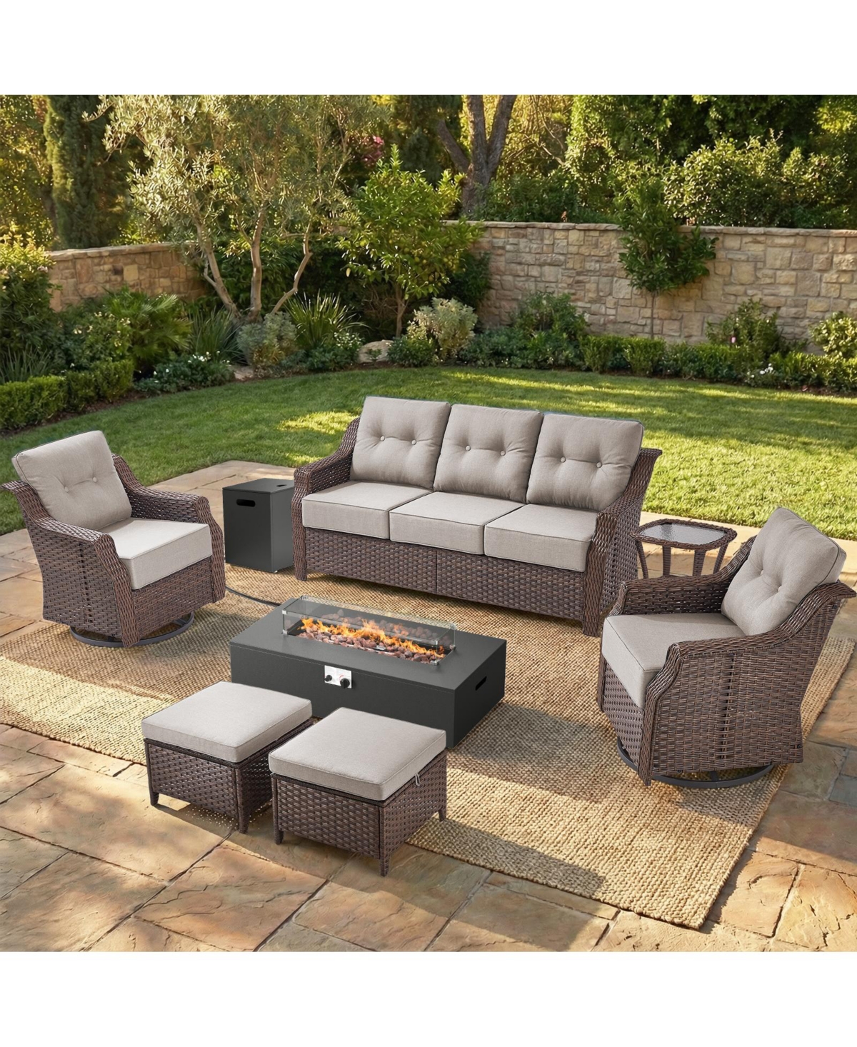 Pocassy Outdoor Furniture With 6-Inch Extra Thick Cushions, Patio Set Fire Pit Table and Swivel Chairs, 8Piece Wicker Conversation