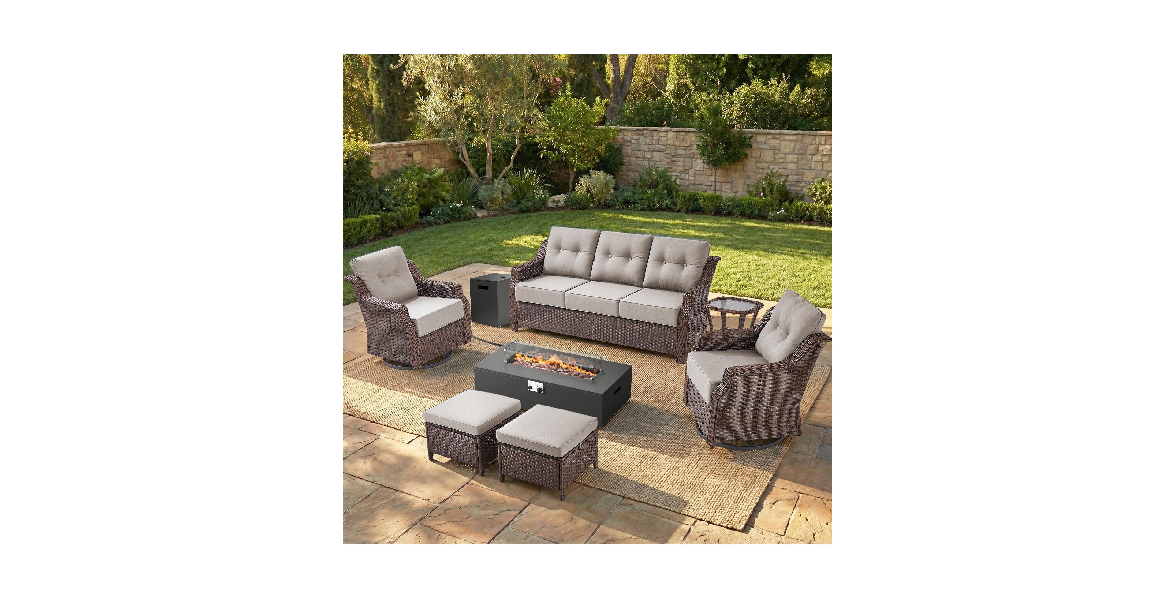 Pocassy Outdoor Furniture With 6-Inch Extra Thick Cushions, Patio Set Fire Pit Table and Swivel Chairs, 8Piece Wicker Conversation