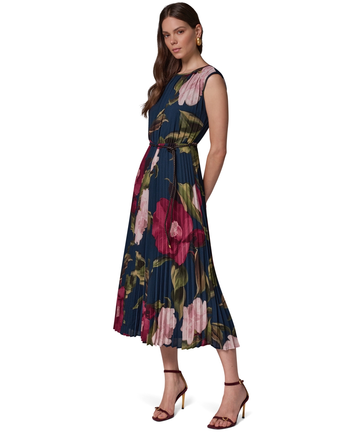 Donna Karan New York Women's Cap Sleeve Floral Chiffon A-Line Midi Dress