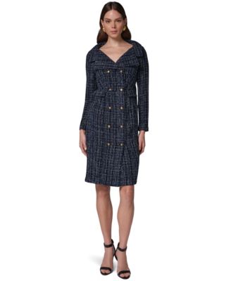 Women's Long-Sleeve Tweed Double-Breasted Jacket Dress