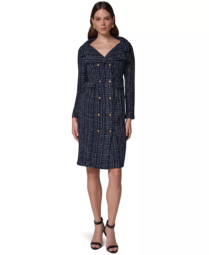 Women's Long-Sleeve Tweed Double-Breasted Jacket Dress