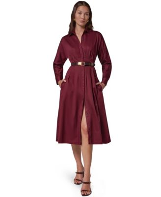 Women's Long Sleeve Belted Midi Shirtdress