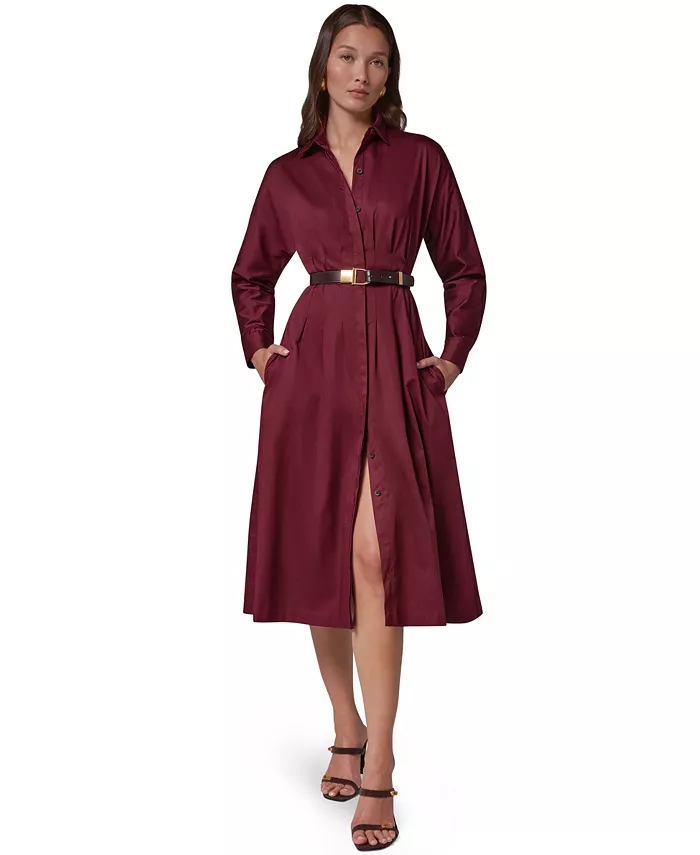Women's Long Sleeve Belted Midi Shirtdress