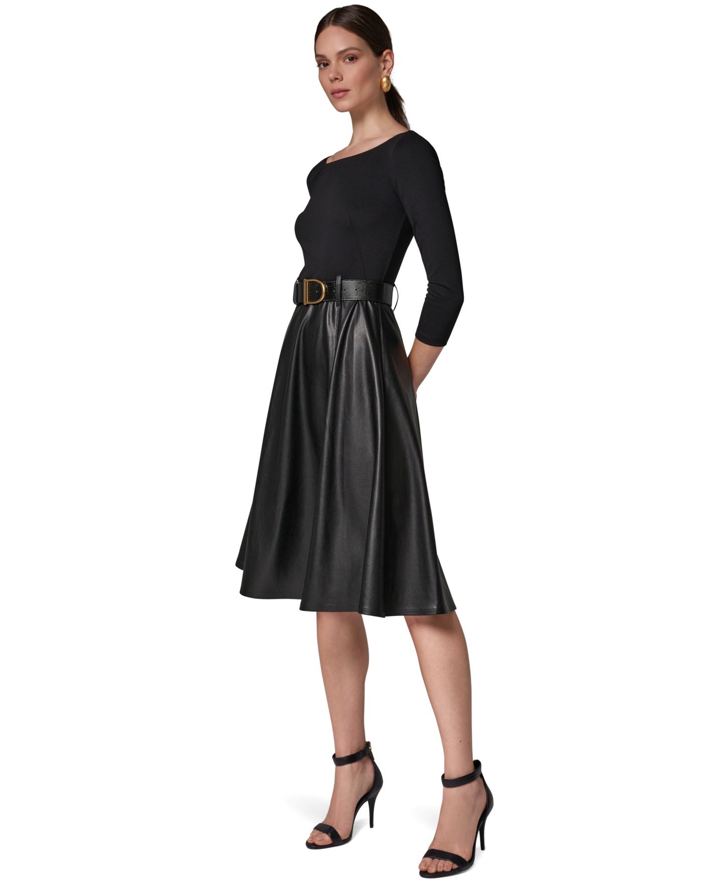 Женское платье Donna Karan New York Boat Neck Mixed Media Belted Fit & Flare, цвет: Чёрный — фото 2