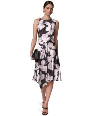 Women's Floral Asymmetrical Hem Boat Neck Midi Dress