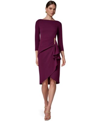 Women's Long-Sleeve Boat-Neck Side Cascade Ruffle Dress