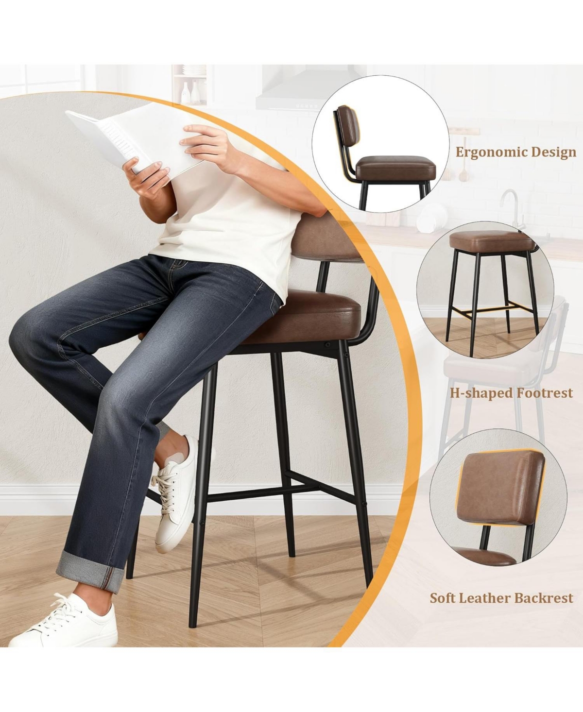 gaomon Set of 2 Counter Height Bar Stools, 26 Inch Faux Leather with Backrest for Kitchen Island Dining