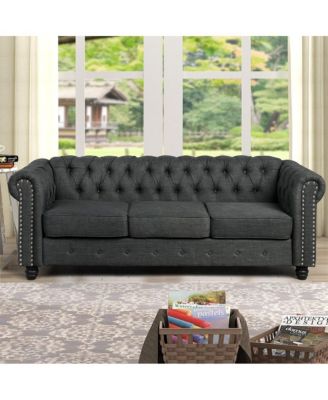 Linen Chesterfield 3 Seat Sofa Living Room Rolled Arm Couch with Button Tufted and Nailhead Trim