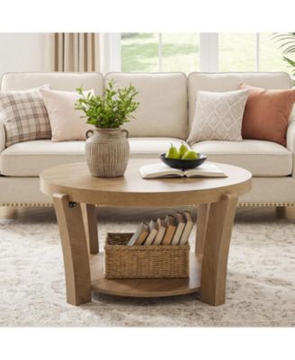Round Coffee Table, 2-Tier Center Table, Farmhouse Wooden