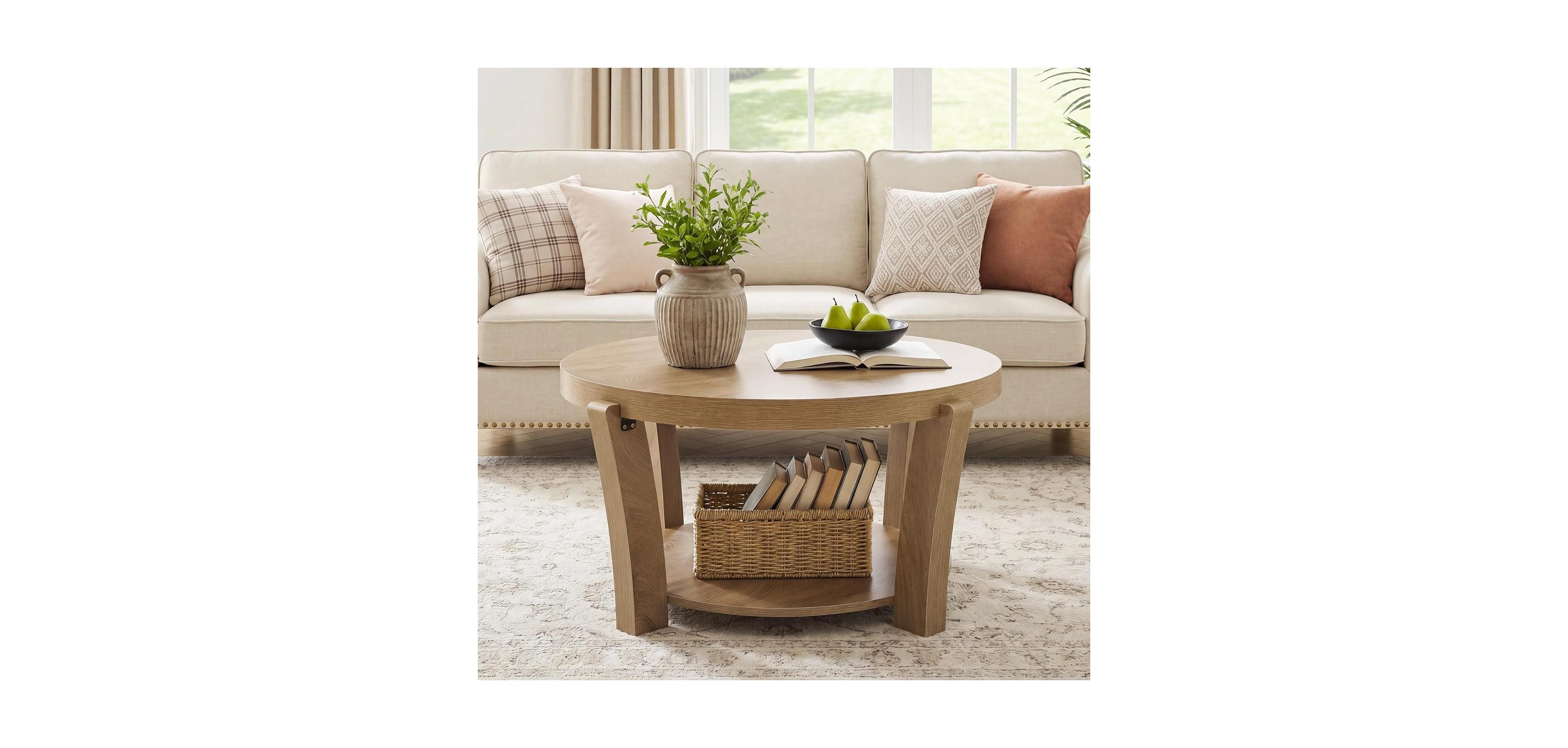 Tribesigns Round Coffee Table, 2-Tier Center Table, Farmhouse Wooden