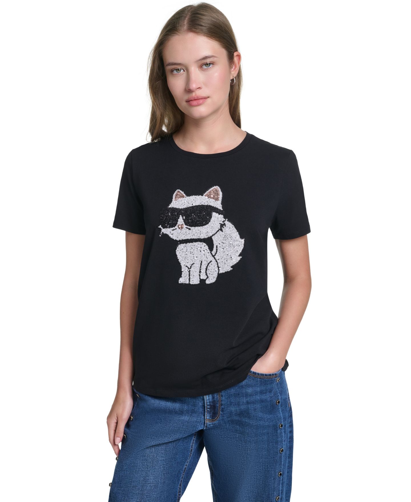 Женская футболка KARL LAGERFELD PARIS Sequin Choupette Crewneck, цвет: Чёрный — фото 1