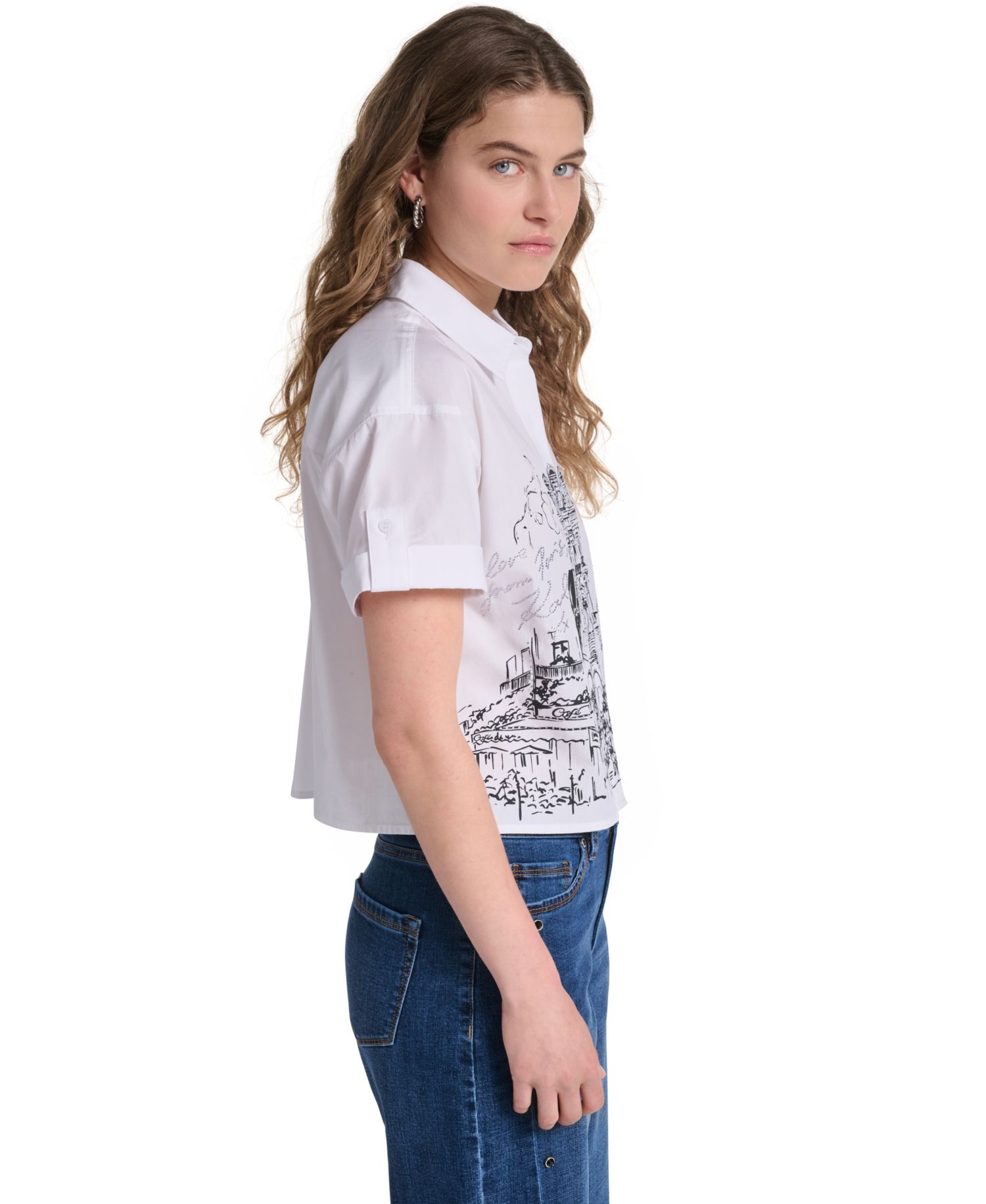 Women's Cotton Crop Paris Scene Button-Front Top