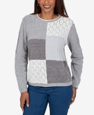 Women's Petite Colorblock Cable-Knit Long-Sleeve Crewneck Pullover