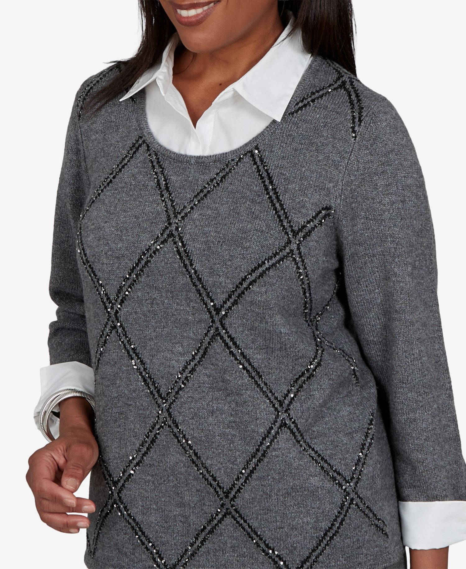 Petite Scoop Neck 3/4-Sleeve Embellished Pullover Sweater