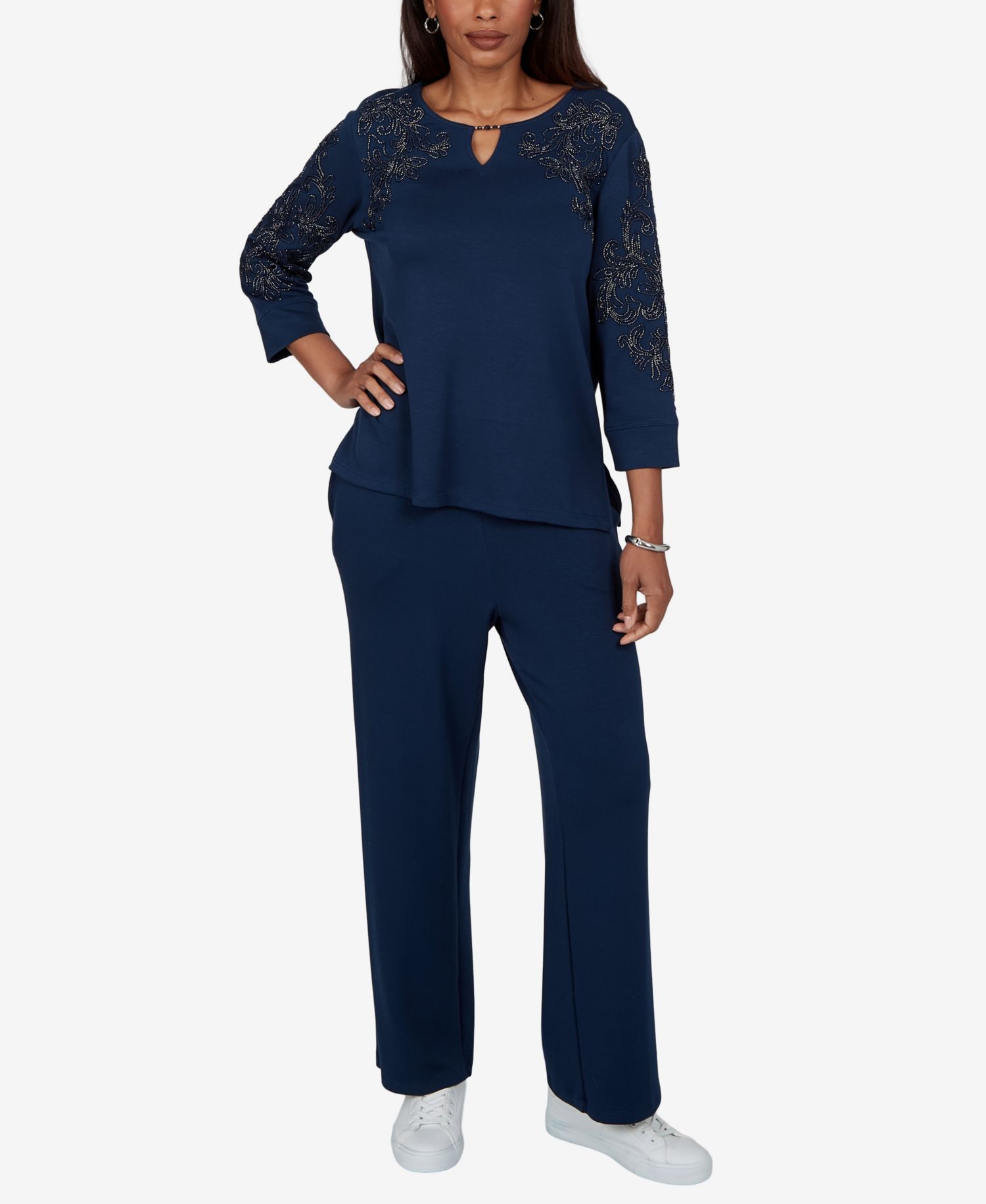 Petite Embellished Keyhole Neck 3/4-Sleeve Top