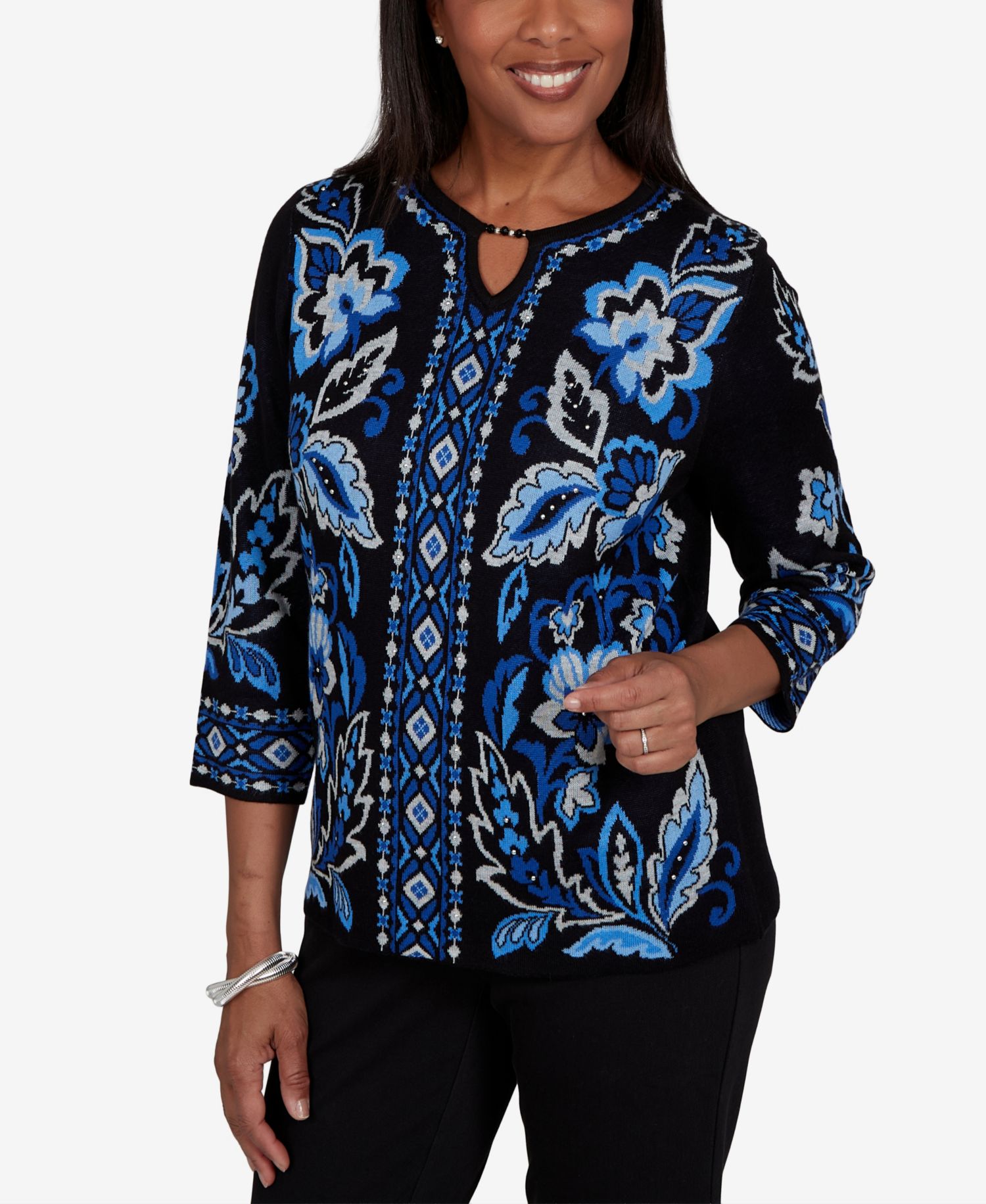 Petite 3/4-Sleeve Floral-Geometric Henley Pullover Sweater