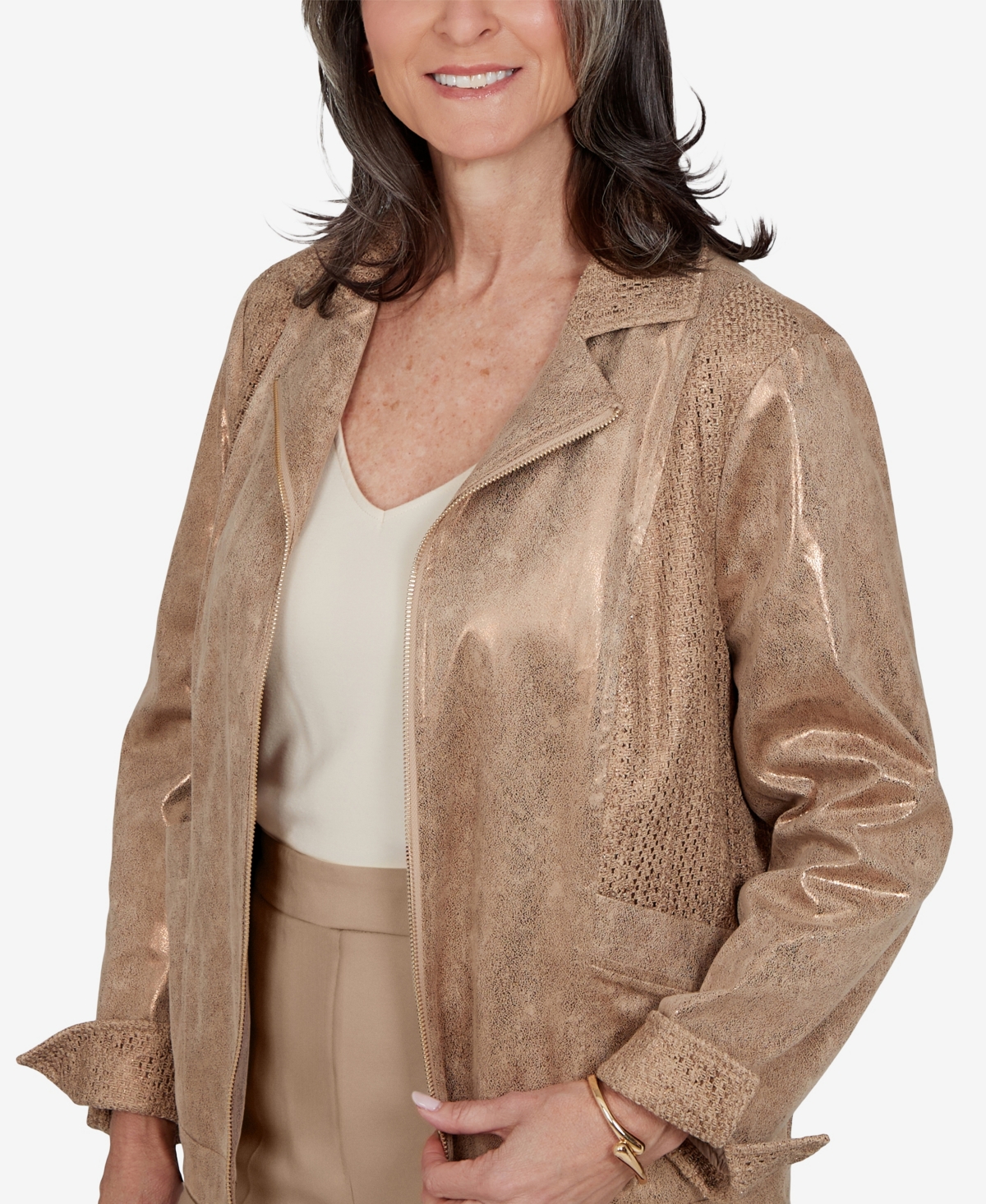Alfred Dunner Women's Collared 3/4-Sleeve Zipper-Front Jacket