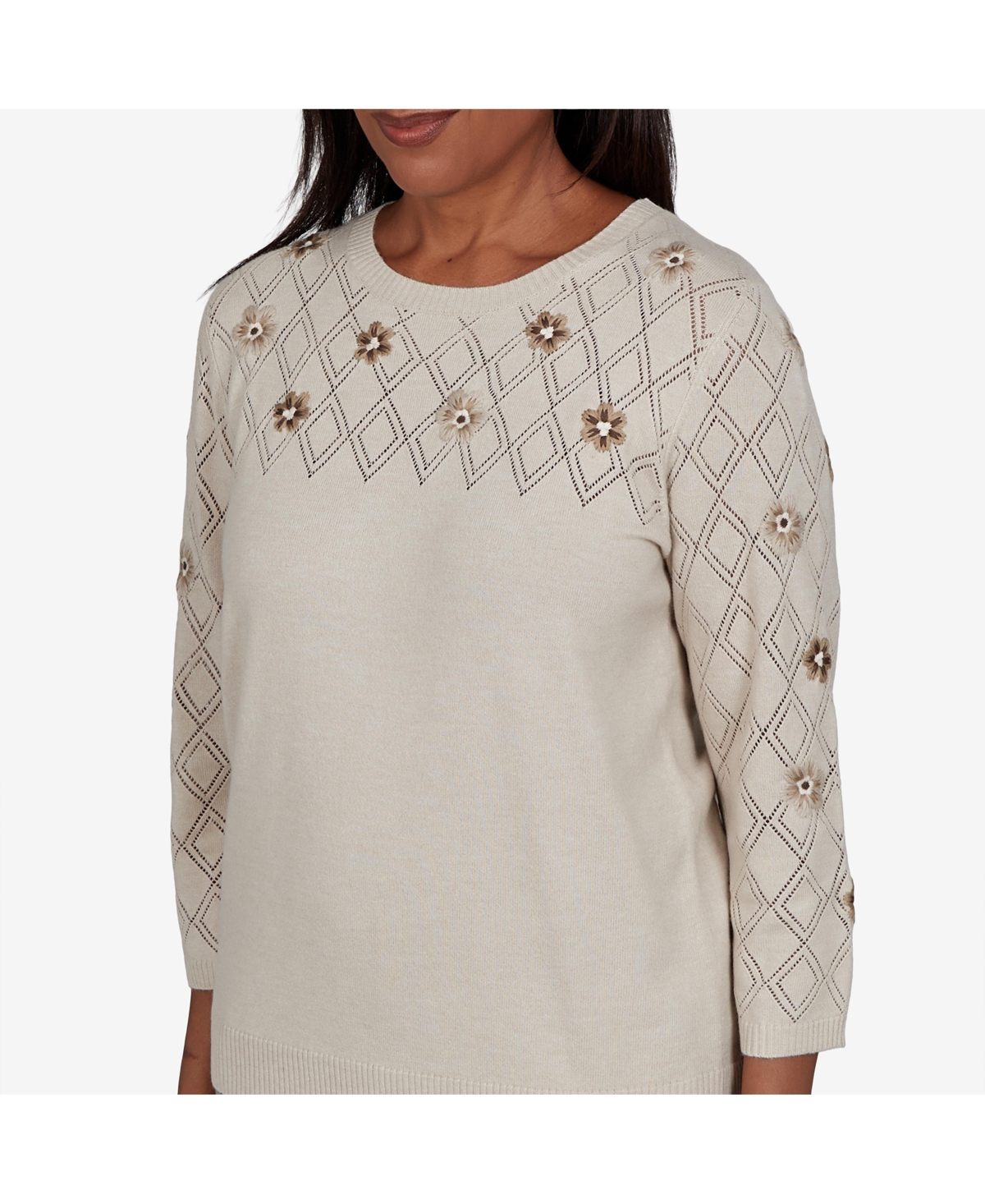 Alfred Dunner Women's 3/4-Sleeve Pointelle Diamond-Pattern Floral-Embellished Sweater