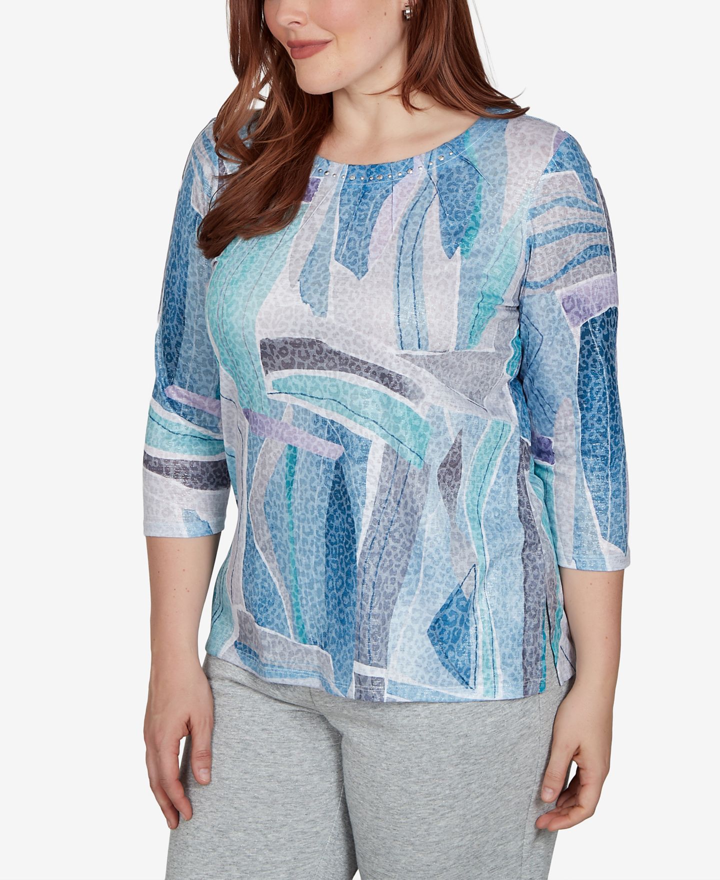 Женская футболка Alfred Dunner 3/4-Sleeve Side-Slit Print, цвет: Синий разноцветный — фото 2