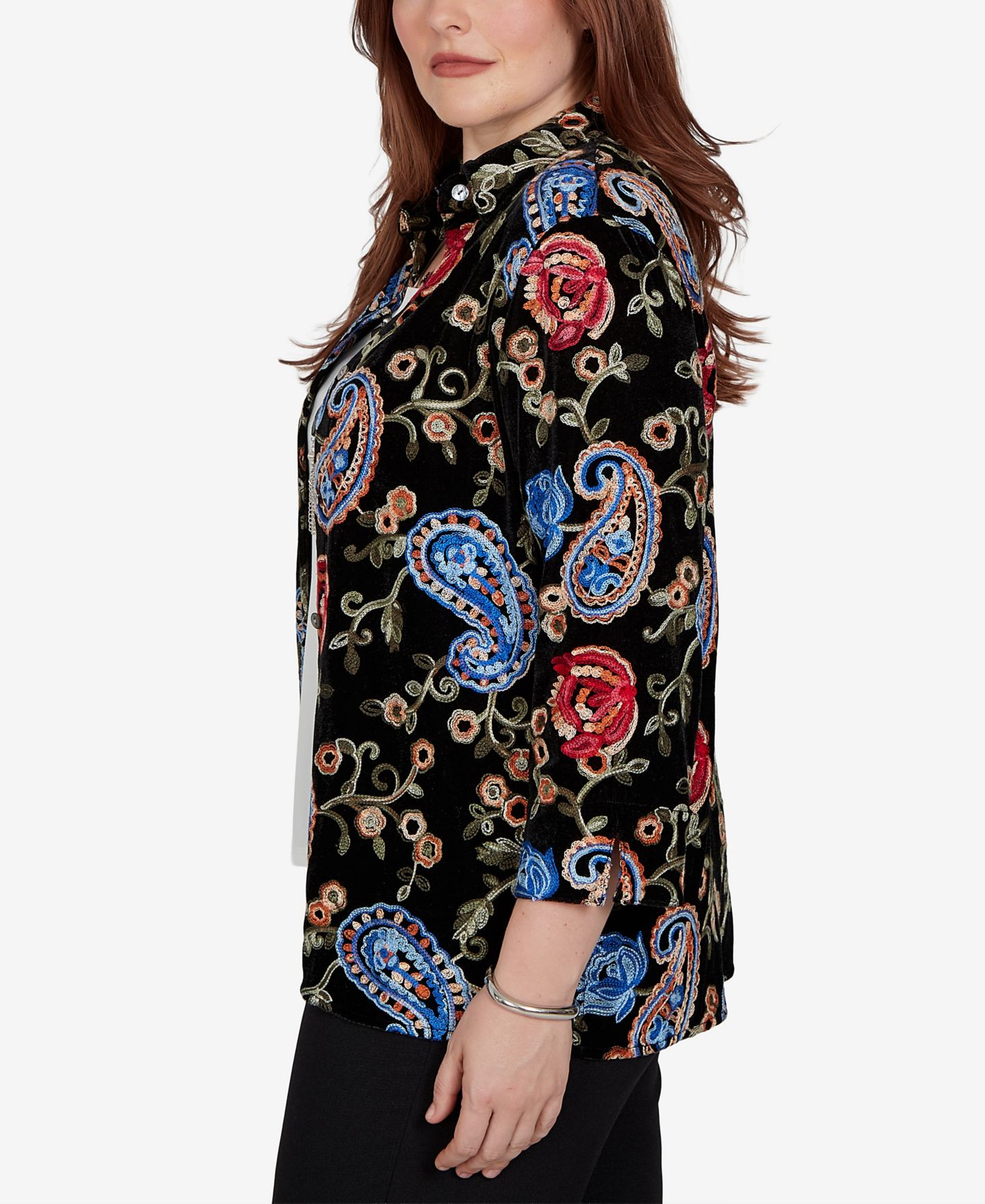 Женская блузка Alfred Dunner Knit Floral-Print Velvet 3/4-Sleeve, цвет: Чёрный — фото 3