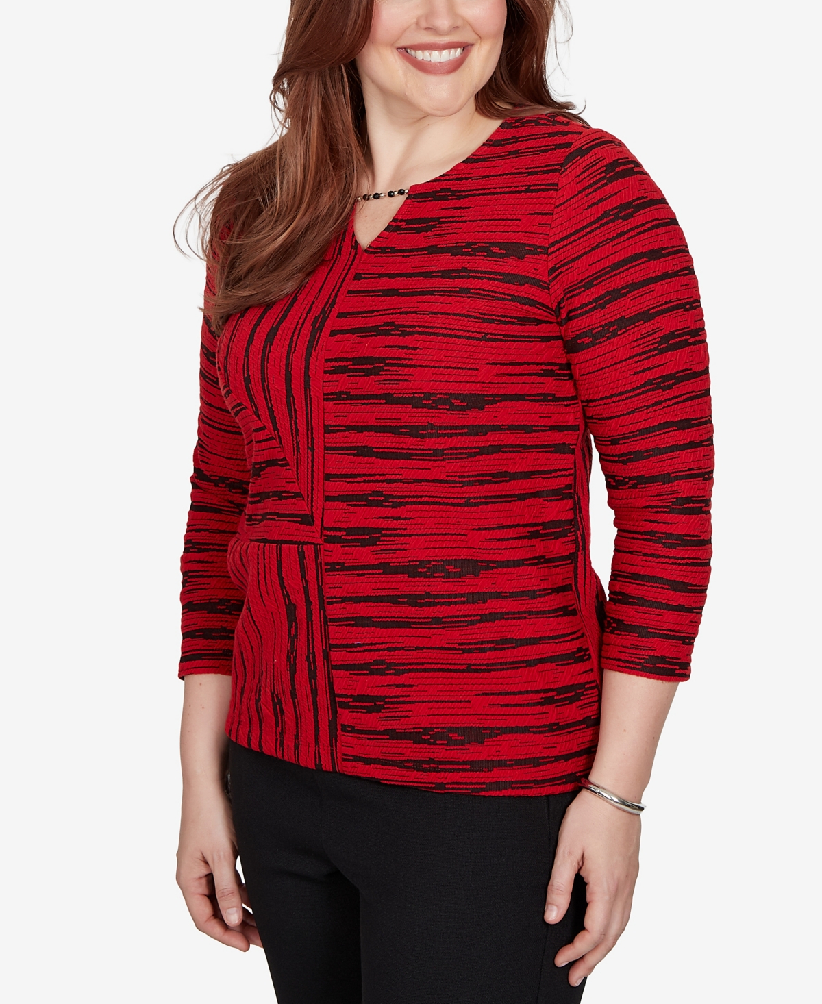 Alfred Dunner Women's Striped V-Neck 3/4-Sleeve Blouse