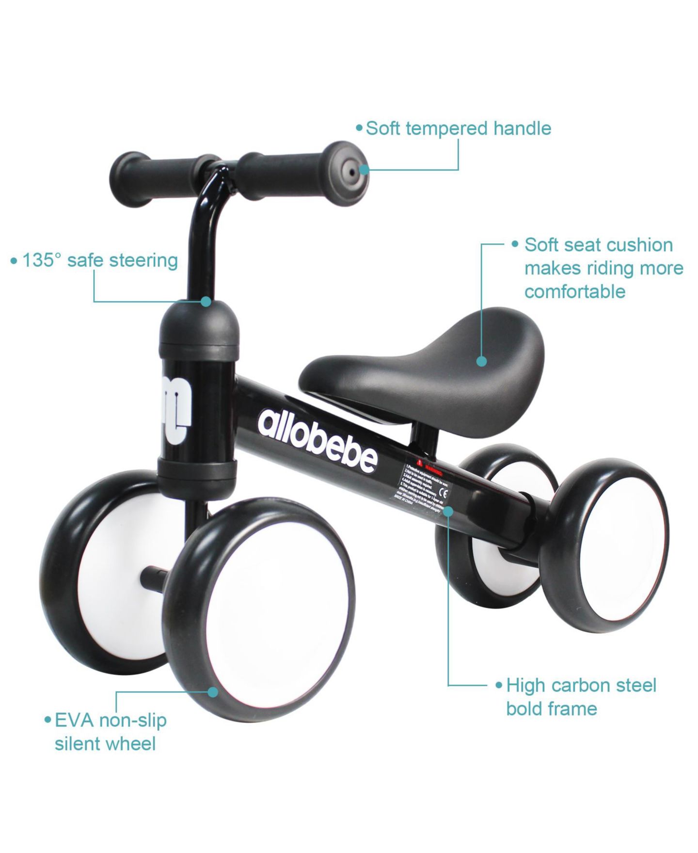 Детская игрушка Allobebe Baby Balance Bike 4-Wheel Ride-On with Adjustable Seat & Silent Wheels, Ages 12-30 Months, цвет: Чёрный — фото 3