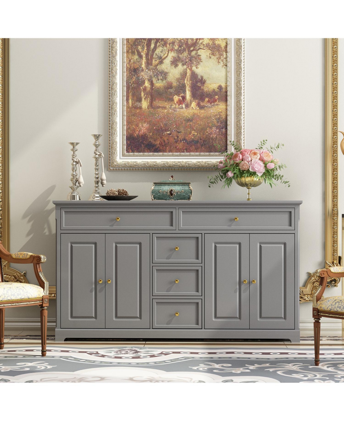 Fufu&Gaga Homsee Large 60" Storage Cabinet 4-Door 5-Drawer Organizer with Knobs - Grey