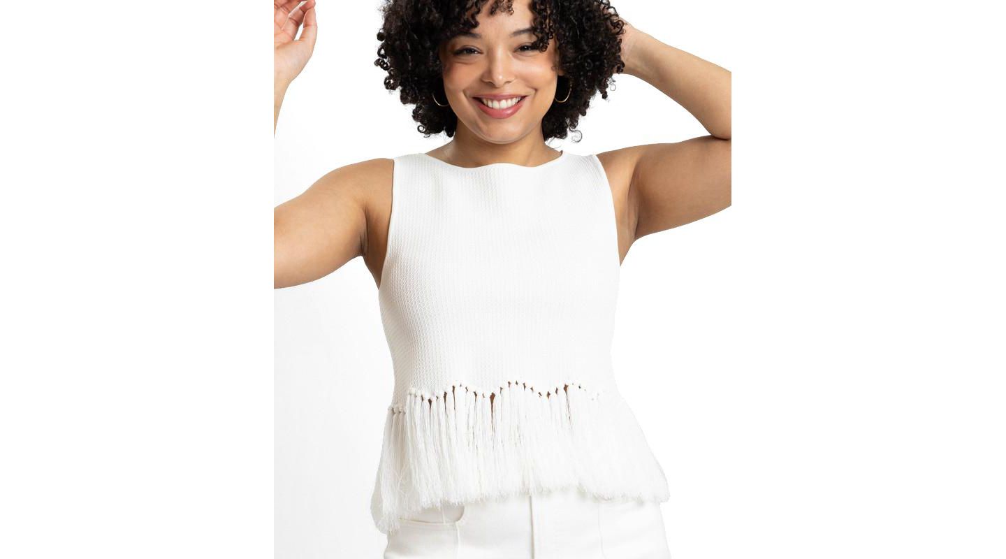 Женский топ Caldwell Collection Tanja Scoop Neck Fringe Peplum Sleeveless Knit, цвет: Белый — фото 1