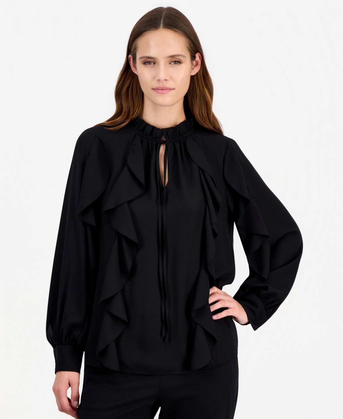 Anne Klein Women's Long-Sleeve Keyhole Ruffle Blouse