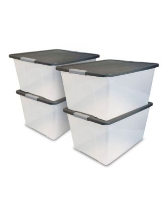 64 Qt Secure Latching Large Clear Plastic Storage Bin w/ Gray Lid (4 Pack)