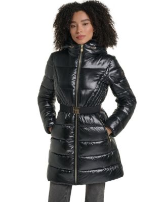 Women's Hooded Belted Faux-Fur Collar Puffer Coat, Created for Macy's
