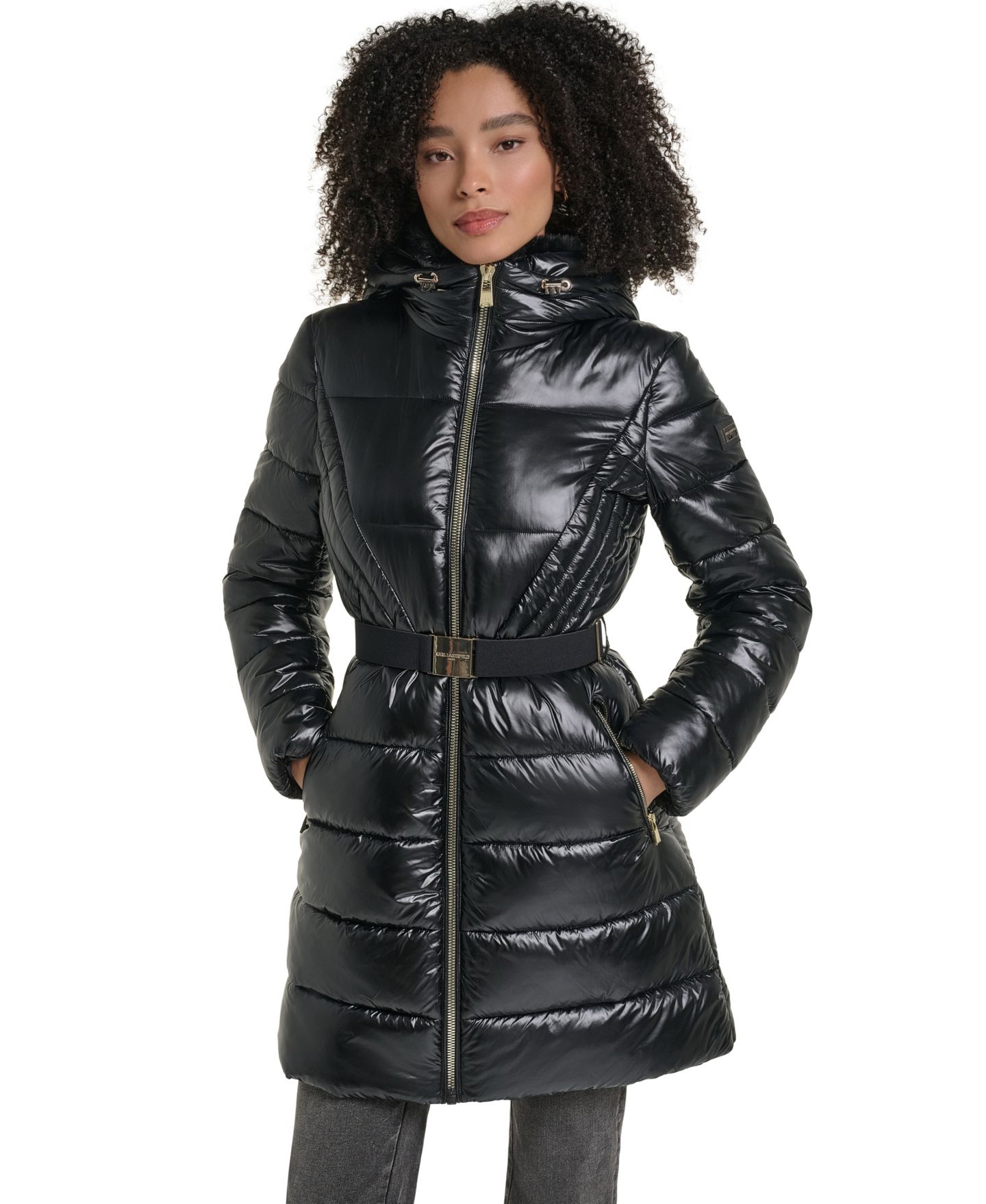 Женская куртка KARL LAGERFELD PARIS Hooded Belted Faux-Fur Collar Puffer Coat, Created for Macy's, цвет: Чёрный — фото 1