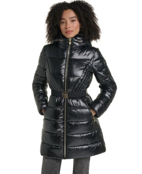 Женская куртка KARL LAGERFELD PARIS Hooded Belted Faux-Fur Collar Puffer Coat, Created for Macy's, цвет: Чёрный