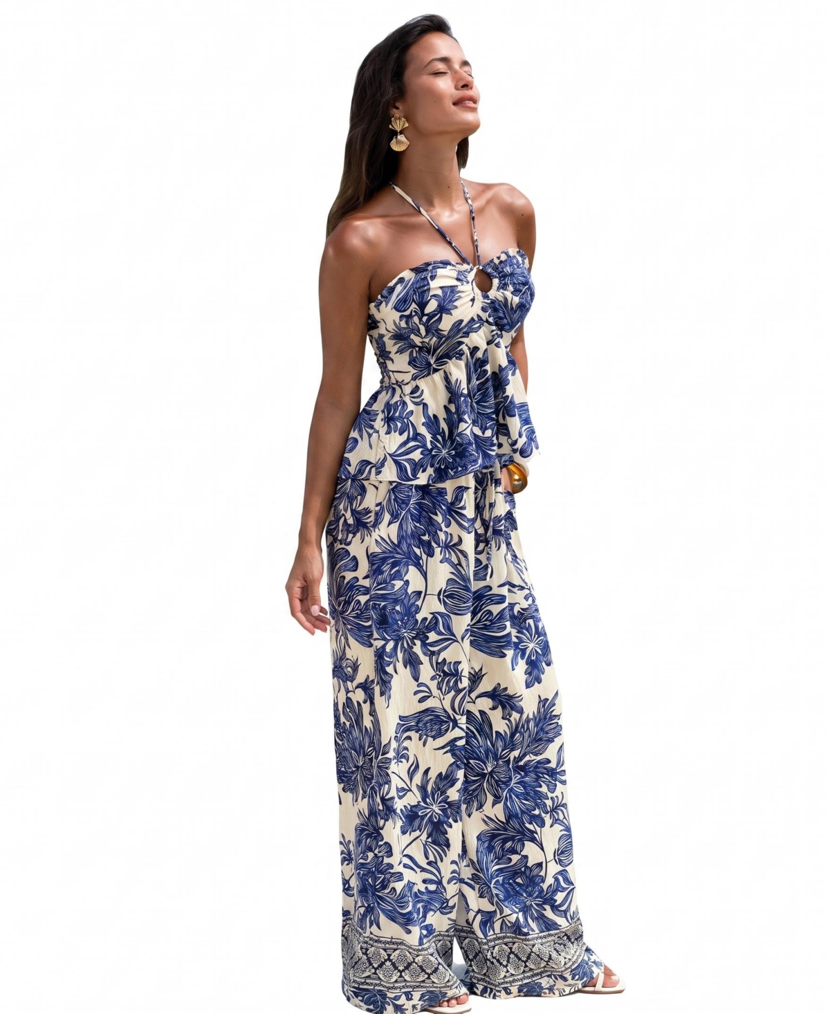 Cupshe Women's Porcelain Floral Halter Peplum Top and Wide Leg Pants Two-Piece Set