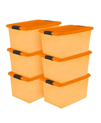 Orange 64 Quart Latching Plastic Storage Box Container Tote, (6 Pack)