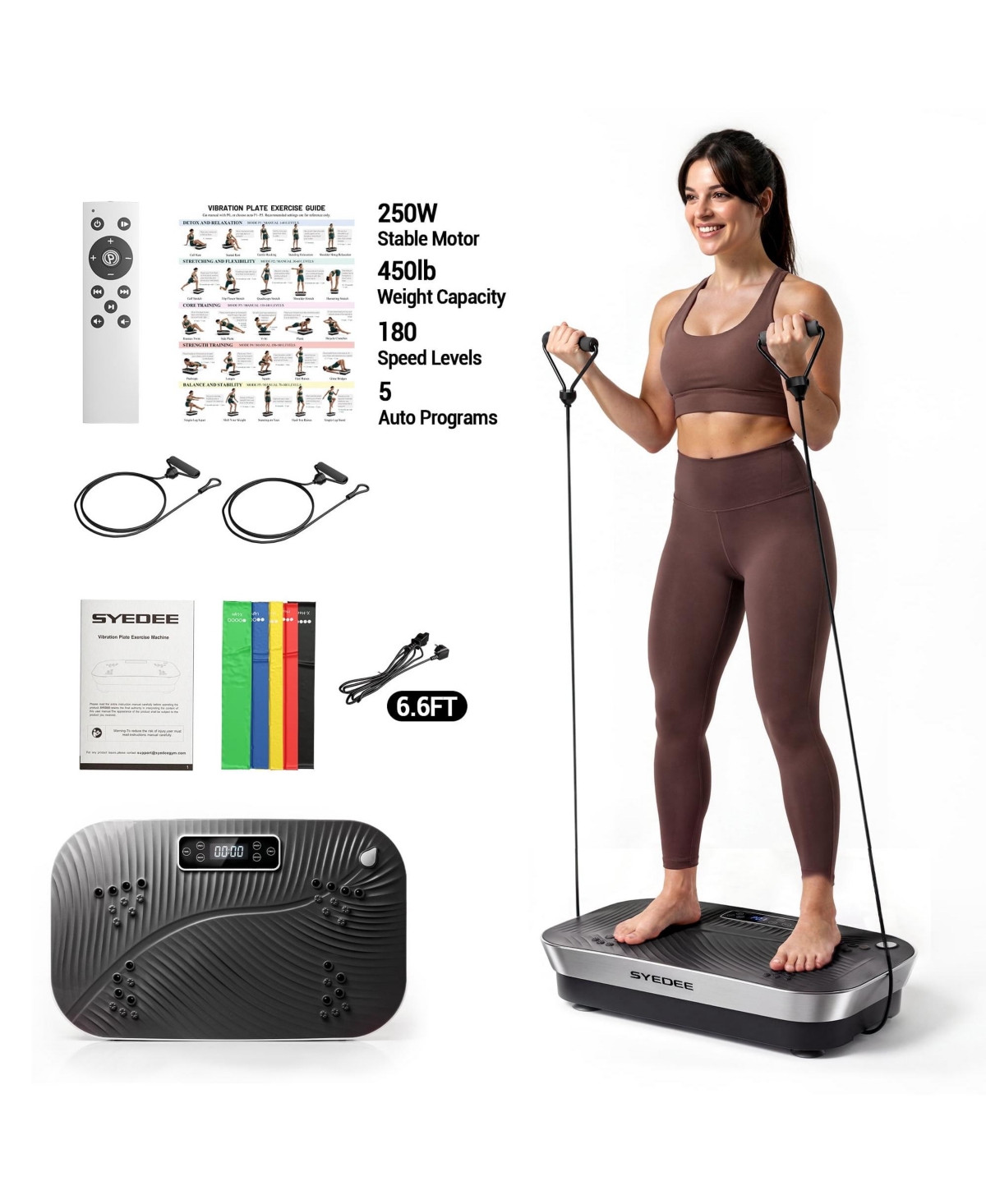 Syedee Vibration Plate Exercise Machine, 180 Speed Levels, Full Body Workout Platform, 450 lbs Capacity with Bluetooth, Resistance Bands