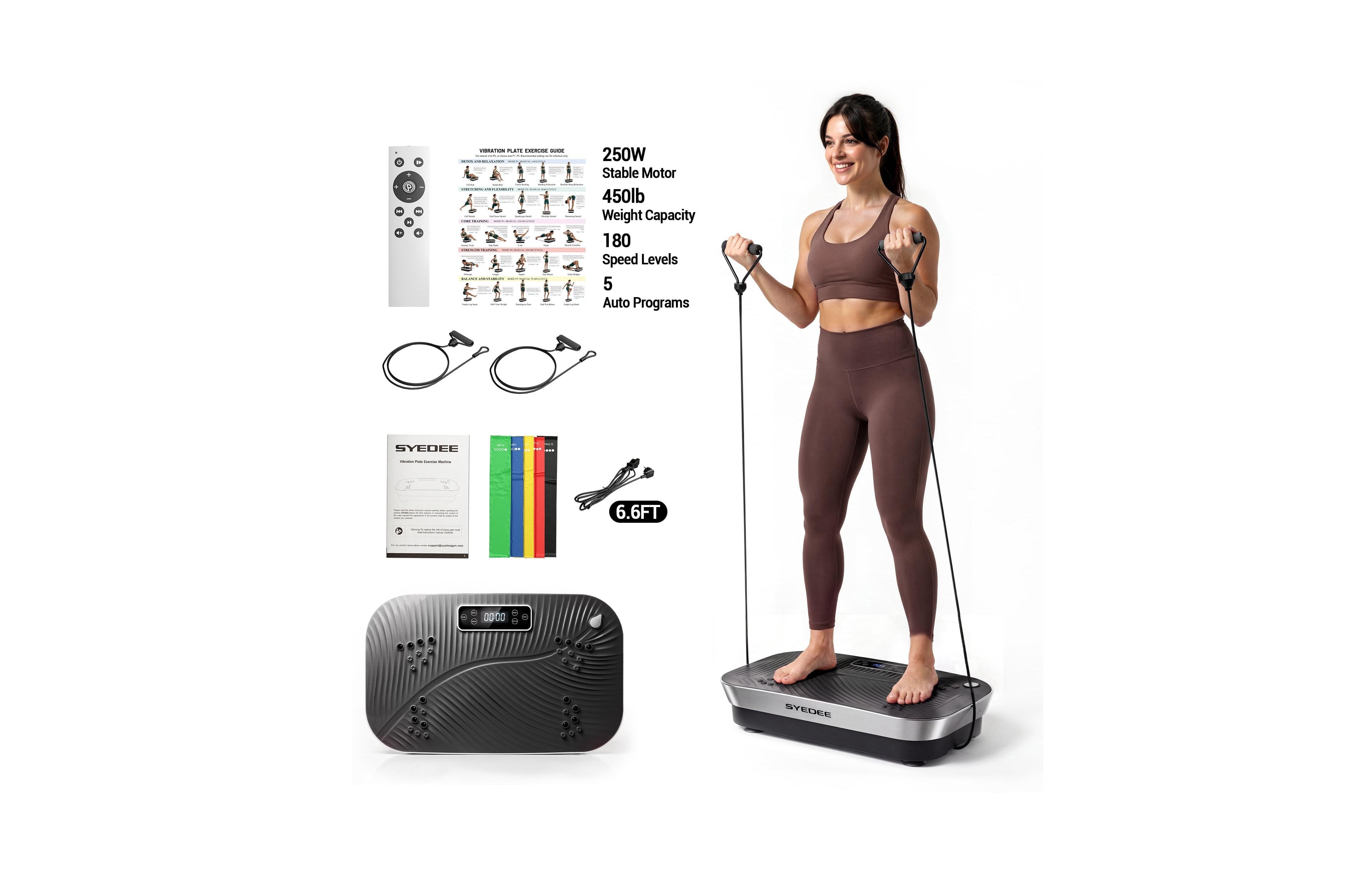 Syedee Vibration Plate Exercise Machine, 180 Speed Levels, Full Body Workout Platform, 450 lbs Capacity with Bluetooth, Resistance Bands