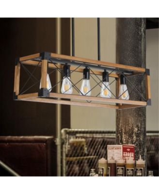 32" Walnut Industrial Farmhouse Rectangle Pendant Light, 5-Light Chandelier