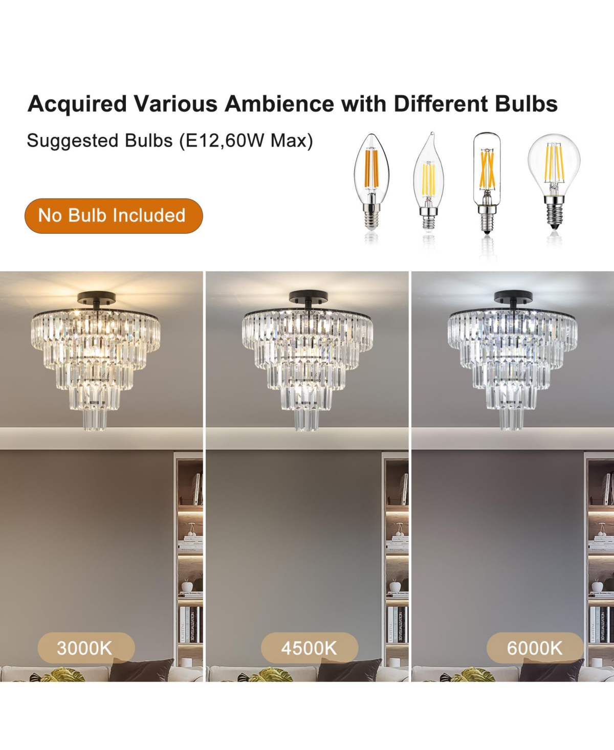 Clihome 20"Crystal Chandelier Ceiling Light, 10-Light Flush Mount Light Fixture (No Bulbs)