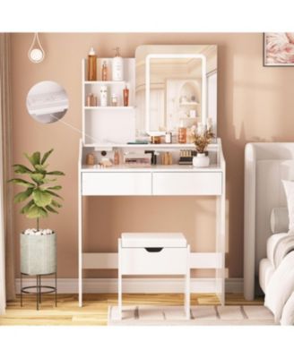 Vanity Desk with LED Mirror and Charging Station, Makeup Table with Storage Stool